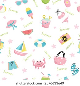 summer travel holiday vacation Seamless pattern Endless texture about travel and tourism. Colored flat vector illustration isolated on white background