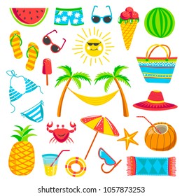 Summer travel or holiday vacation vector bright icons