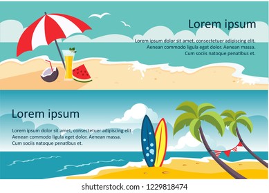 Summer travel horizontal banners, sandy beach, umbrella, sea or ocean waves, palms and surfing board vector Illustration