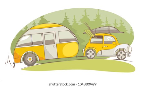 Viaje de verano en una casa sobre ruedas / Gracioso coche retro amarillo con paseo en camión de campaña en una pesquería, ilustración vectorial