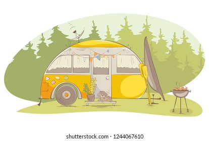 Summer travel in a house on wheels / Funny motorhome, fishing, barbecue, vector illustration