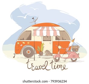 Summer travel in a house on wheels / Funny retro trailer, vector illustration