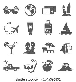 Summer travel icon, adventure and recreation tourism. Symbols to make a journey by car, plane, or ship. Vector travel icon on white background