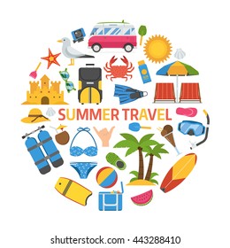 Summer travel icon set in circle shape. Sea vacation concept vector collection. Sunbathing activity beaches elements and accessories. Marine holidays and leisure symbols. Tropic holiday icons.