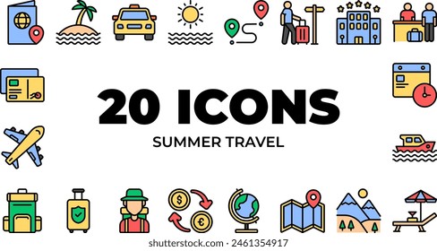 Summer travel icon set in line color style. Related to vacation, holiday, tourism vector symbol.