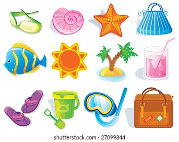 Summer and travel icon set on white