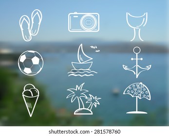 Summer and travel icon set on abstract blurred sea background. Travel design. Logo. Vector illustration.