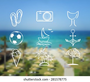 Summer and travel icon set on abstract blurred sea background. Vector blurred background - sea, beach, palm trees. Tunisia. Travel design. Logo. Vector illustration.