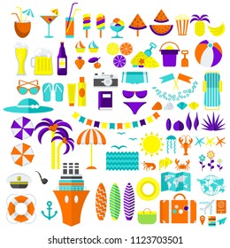 Summer and travel icons big set. Flat vector cartoon illustration. Objects isolated on a white background.