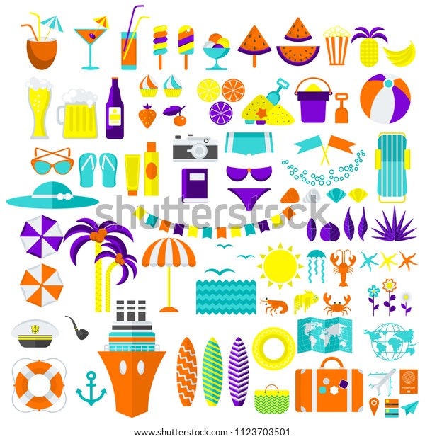 Summer and travel icons\
big set. Flat vector cartoon illustration. Objects isolated on a\
white background.