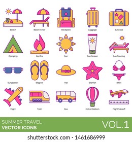 Summer travel icons including beach chair, backpack, luggage, suitcase, camping, bonfire, sunscreen, tanning, sunglasses, slippers, hat, starfish, bikini, flight, train, bus, hot air balloon, takeoff.