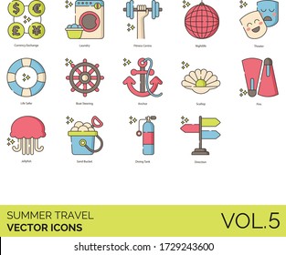 Summer travel icons including currency exchange, laundry, fitness centre, nightlife, theater, life safer, boat steering, anchor, scallop, fins, jellyfish, sand bucket, diving tank, direction.