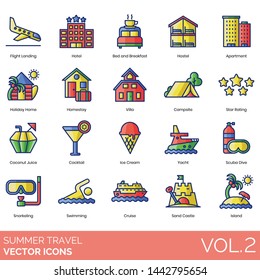 Summer travel icons including landing, hotel, bed, breakfast, hostel, apartment, homestay, villa, campsite, rating, coconut juice, cocktail, ice cream, scuba, snorkeling, swimming, cruise, sand castle
