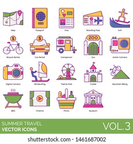 Summer Travel Icons Including Map, Passport, Visa, Boarding Pass, Surf, Bicycle Rental, Campervan, Zoo, Action Camera, Digital, Windsurfing, Theme Park, Castle, Mountain Biking, BBQ, Cinema, Picnic.