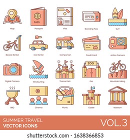 Summer Travel Icons Including Map, Passport, Visa, Boarding Pass, Surf, Bicycle Rental, Car, Campervan, Credit Card, Action Camera, Digital, Windsurfing, Theme Park, Zoo, Mountain Biking, BBQ, Cinema.