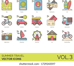 Summer Travel Icons Including Map, Passport, Visa, Boarding Pass, Surf, Bicycle Rental, Car, Campervan, Credit Card, Action Camera, Digital, Windsurfing, Theme Park, Zoo, Mountain Biking.