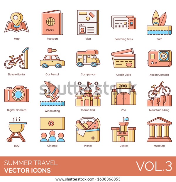 Summer travel icons including map, passport,
visa, boarding pass, surf, bicycle rental, car, campervan, credit
card, action camera, digital, windsurfing, theme park, zoo,
mountain biking, BBQ,
cinema.