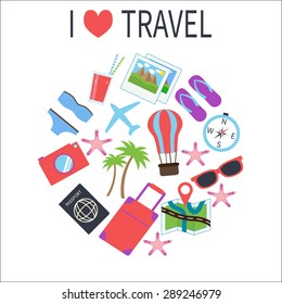 Summer and travel icons in modern, flat design style. I love travel Concept Illustration.