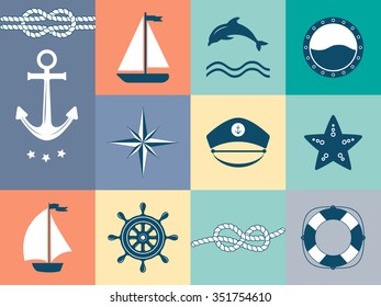 Summer and travel icons in modern. Vector Illustration flat set icons of cruise holidays and journey vacation. Summer holidays, travel, vacation, adventure. Nautical and sea vector icons.