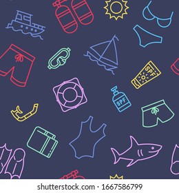 Summer travel icons pattern. Beach accessory seamless background. Seamless pattern vector illustration
