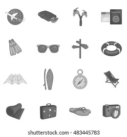 Summer travel icons set in black monochrome style. Summer vacation set collection vector illustration