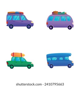 Summer travel icons set cartoon vector. Car with luggage on roof. Road trip, travel concept