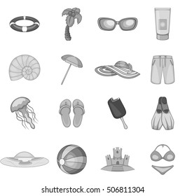 Summer travel icons set. Gray monochrome illustration of summer travel 16 vector icons for web