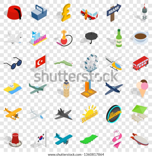 Summer travel icons set. Isometric\
style of 36 summer travel vector icons for web for any\
design