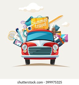 Summer travel  illustration with car.