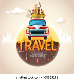 Summer travel illustration with lettering.