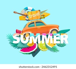 Summer travel illustration with retro car, tropical fruits and plants, white letters. Vacation concept design.