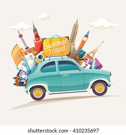 Summer Travel Illustration With Retro Car And Architectural Sights