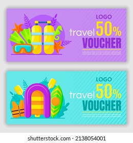 Summer travel illustration. Set of summer activities voucher design. Vector illustration