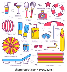 Summer travel infographic icons items banners design. Vacation rest with any elements set. Tour, trip, journey outline illustrations vector background. Tourist image on thin line style concept