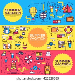 Iconos gráficos de viajes de verano íconos de los elementos banners diseño. Descanso de vacaciones con cualquier conjunto de elementos. Recorrido, viaje, ilustraciones del contorno del viaje fondo vectorial. Imagen turística sobre el concepto de estilo de línea delgada