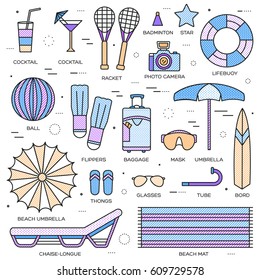 Summer travel infographic icons items banners design. Vacation rest with any elements set. Tour, trip, journey outline illustrations vector background. Tourist image on thin line style concept