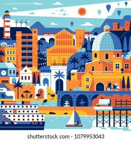 Paisaje de vacaciones de verano inspirado en Cagliari, Cerdeña. Afiche del pueblo mediterráneo del mar abstracto con ciudad de playa, cruceros y faro. Diseño romántico de la costa italiana. 