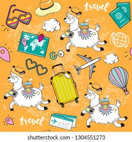 Summer travel items and cute llama on a yellow background seamless pattern