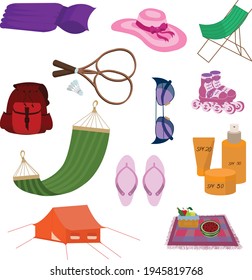 Summer travel items for recreation, camping, travel: crib, blanket and picnic basket, fruits and drinks, sunglasses and cosmetics, sun lounger, hammock, inflatable swimming mattress, roller skates, ra