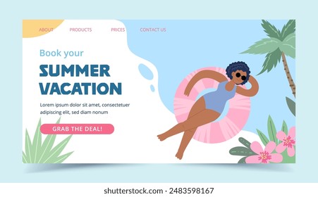 Summer travel landing page. Happy woman swimming on a swim ring, vector illustration