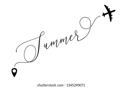 Summer travel lettering concept. Plane with path on the sky and geo tag. Sky and clouds vector illustration. 