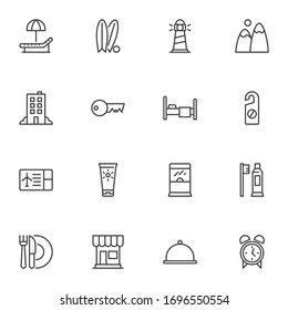 Summer travel line icons set. linear style symbols collection, outline signs pack. vector graphics. Set includes icons as deck chair umbrella, surfing, hotel building, sunscreen, boarding pass, clock