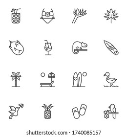 Summer travel line icons set, outline vector symbol collection, linear style pictogram pack. Signs, logo illustration. Set includes icons as tropical fruit, swimsuit, exotic animals, cocktail drink