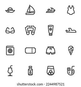 Summer travel line icons set, outline vector symbol collection, linear style pictogram pack. Signs logo illustration. Set includes icons as beach hat, swimsuit, ice cream, cocktail, sailboat sunscreen