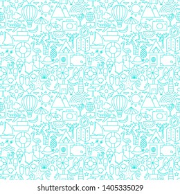 Summer Travel Line Seamless Pattern. Vector Illustration of Outline Tileable Background.