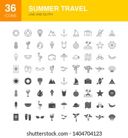 Summer Travel Line Web Glyph Icons. Vector Illustration of Vacation Outline and Solid Symbols. 