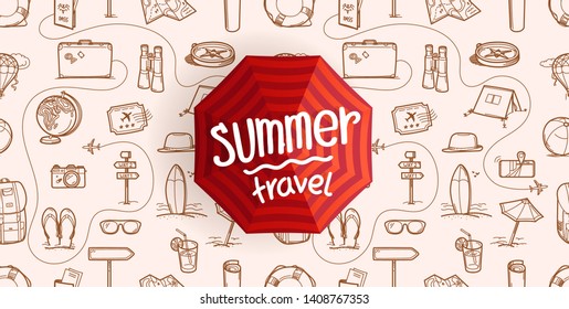 Summer travel linear style vector seamless pattern