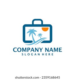 Summer Travel logo design vector. Coconut tree with suitcase logo design template concept