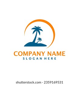 Summer Travel logo design vector. Coconut tree with Beach and Sun logo design template concept