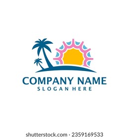 Summer Travel logo design vector. Coconut tree with Beach and Sun logo design template concept